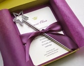 Purple Princess Crown Birthday Party Invitation - Box Mailer, Wand Favor, Satin Ribbon, Multi-Layered Invitation