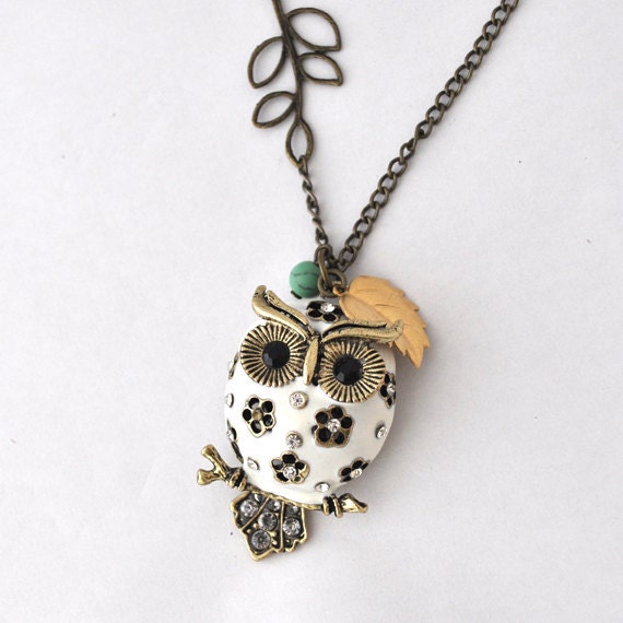 white owl necklace antique bronze necklace vintage style leaf necklace long necklace