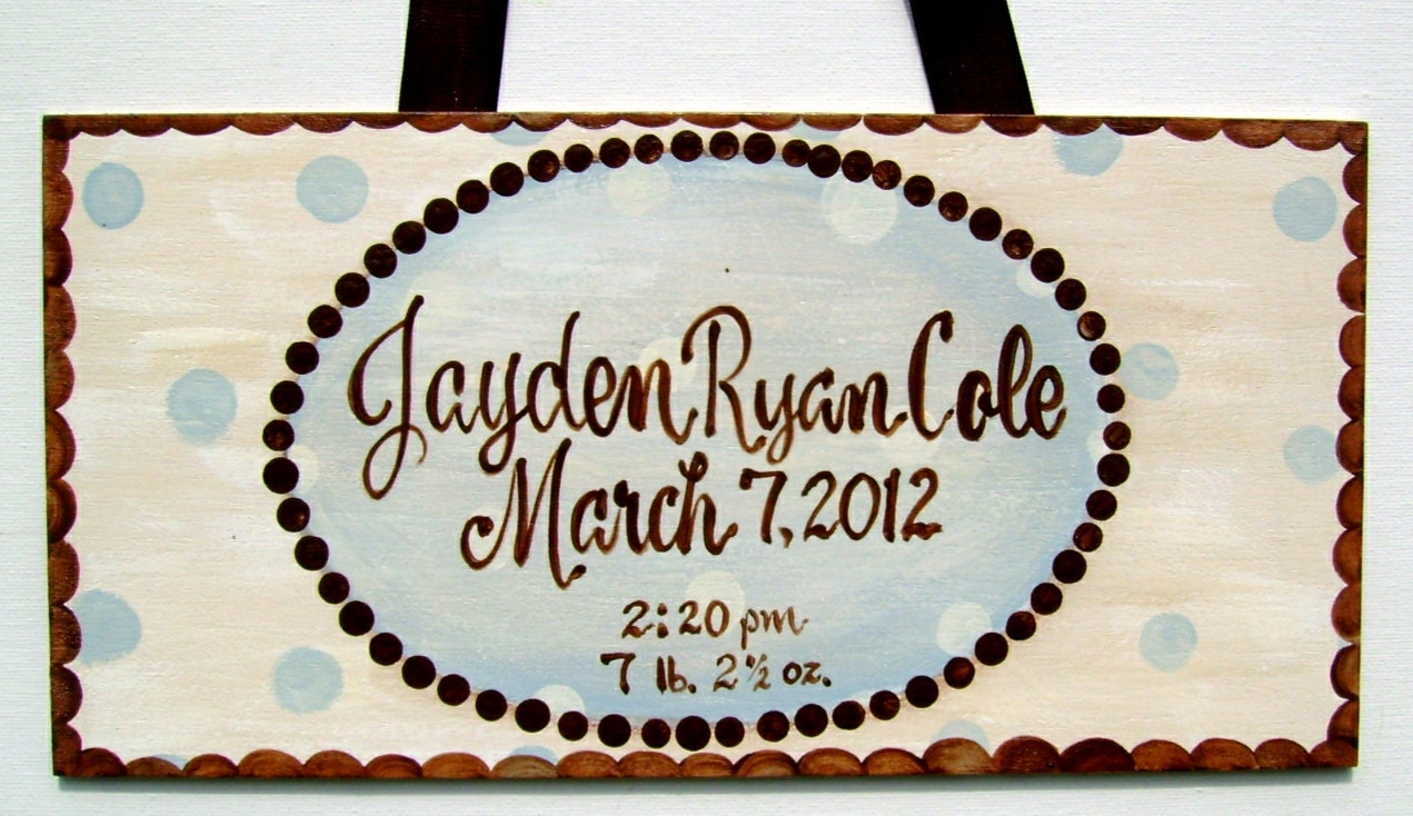 Hand painted personalized baby boy birth announcement door hanger sign
