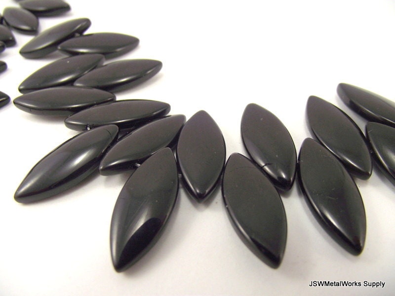 Black Marquise Glass Beads, 25mm, TWO 6.5 inch Strands, Whole Strands