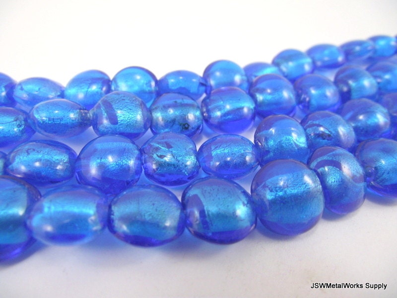 Blue Glass Beads, Puffed Round 13mm Bead, 7.5 inch Strand, Whole Strand