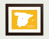 Personalized Map of SPAIN with a heart on Madrid. Gift to celebrate an engagement, wedding, honeymoon, anniversary, or romantic  holiday.