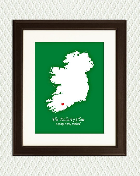 IRELAND - Family Heritage - CHRISTMAS GIFT - Personalized Map with Hearts - Or choose any country and any city eg. Dublin, Belfast