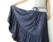 NO.25  Greyish Blue Cotton, Hippie Gypsy Boho Tiered Long Peasant Skirt