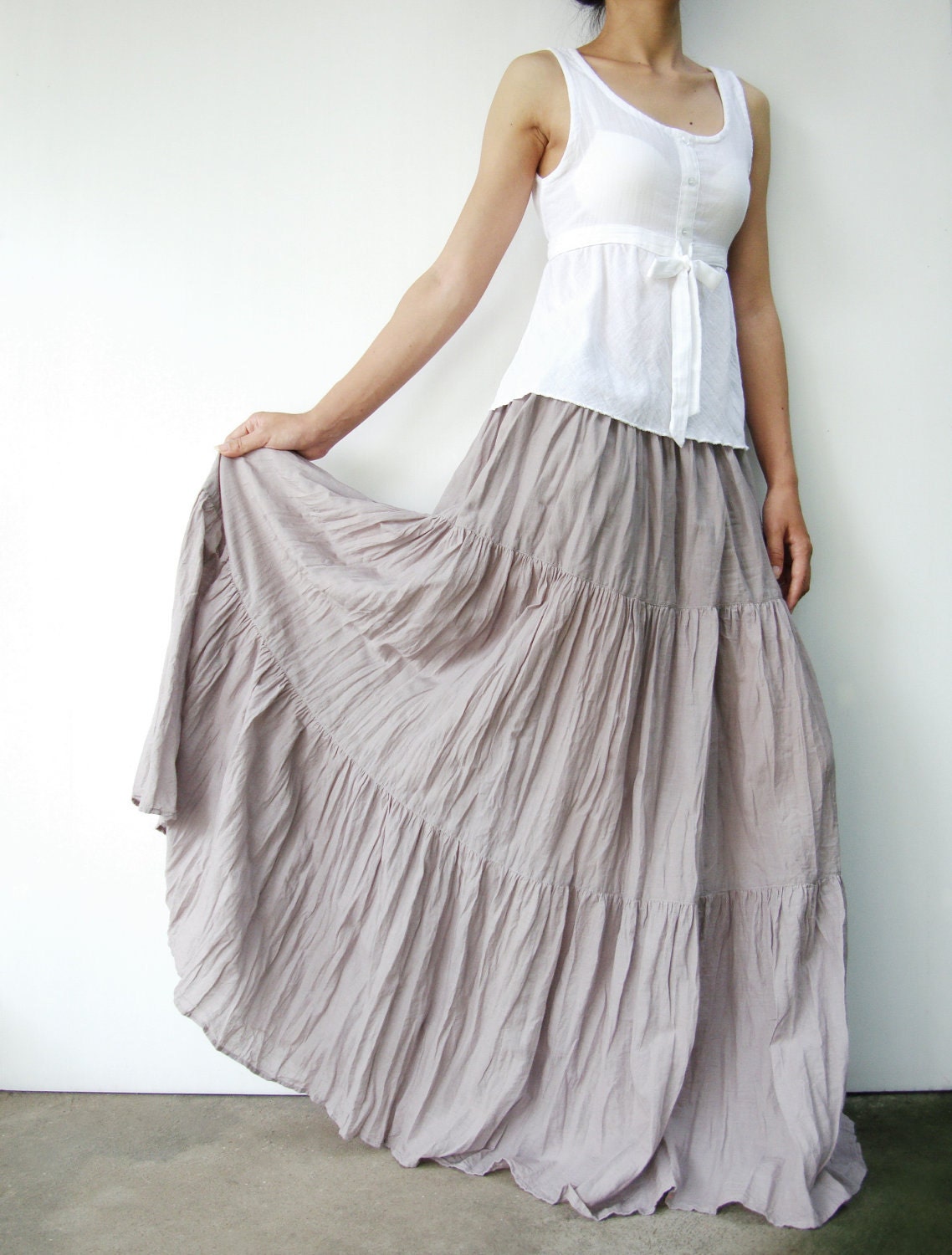 NO.5  Pigeon Grey Cotton, Hippie Gypsy Boho Tiered Long Peasant Skirt