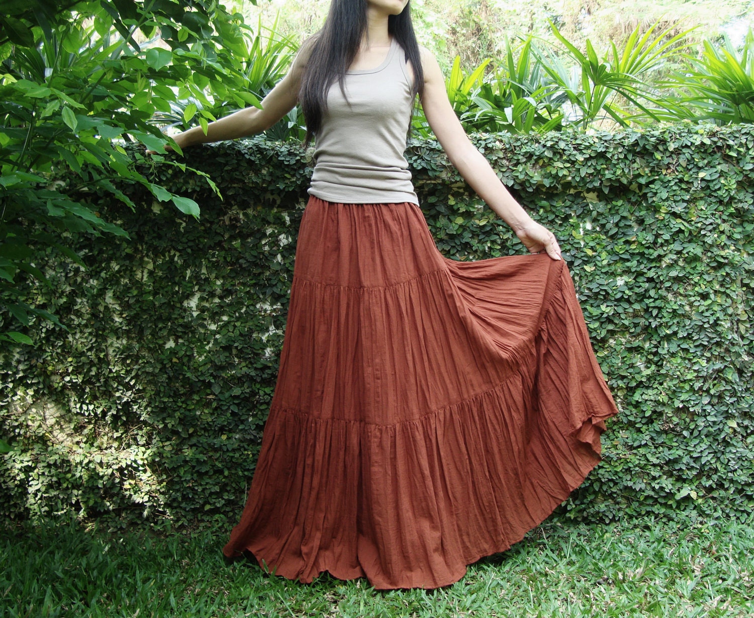 NO.5 Rust Cotton, Hippie Gypsy Boho Tiered Long Peasant Skirt