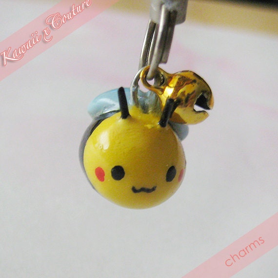R E S E R V E D for Lynda - Kawaii Happy Honey Bee Handmade Clay Cellphone Charm, Zipper Pull