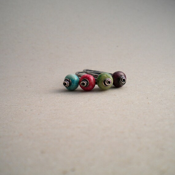 Sterling Silver Stacking Ring Set, Hammered, Oxidized Silver and African Opal Roundels, Set of 3, Made to Order