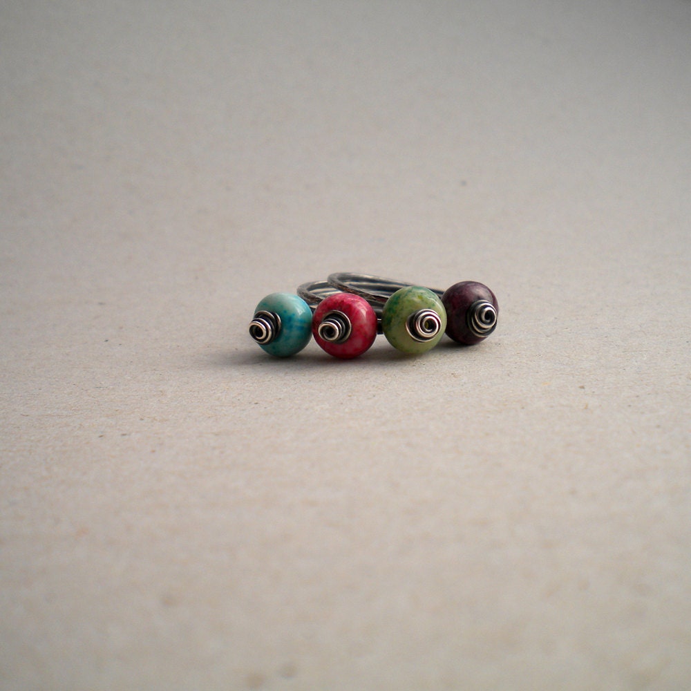 Sterling Silver Stacking Ring Set, Hammered, Oxidized Silver and African Opal Roundels, Set of 3, Made to Order