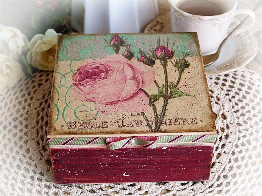 Jewelry , tea , candy box " The charming rose " / Handmade unique Decoupage technique box vintage looking. Shabby chic . Rustic style.