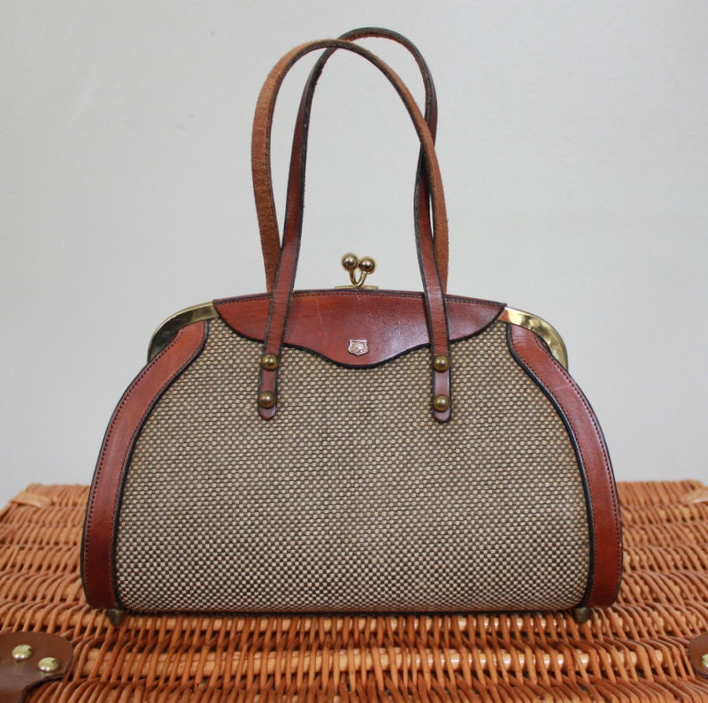 1960s tweed Purse. Brown Leather Purse. Tweed and Leather. Vintage Handbag. Mad men. John romain