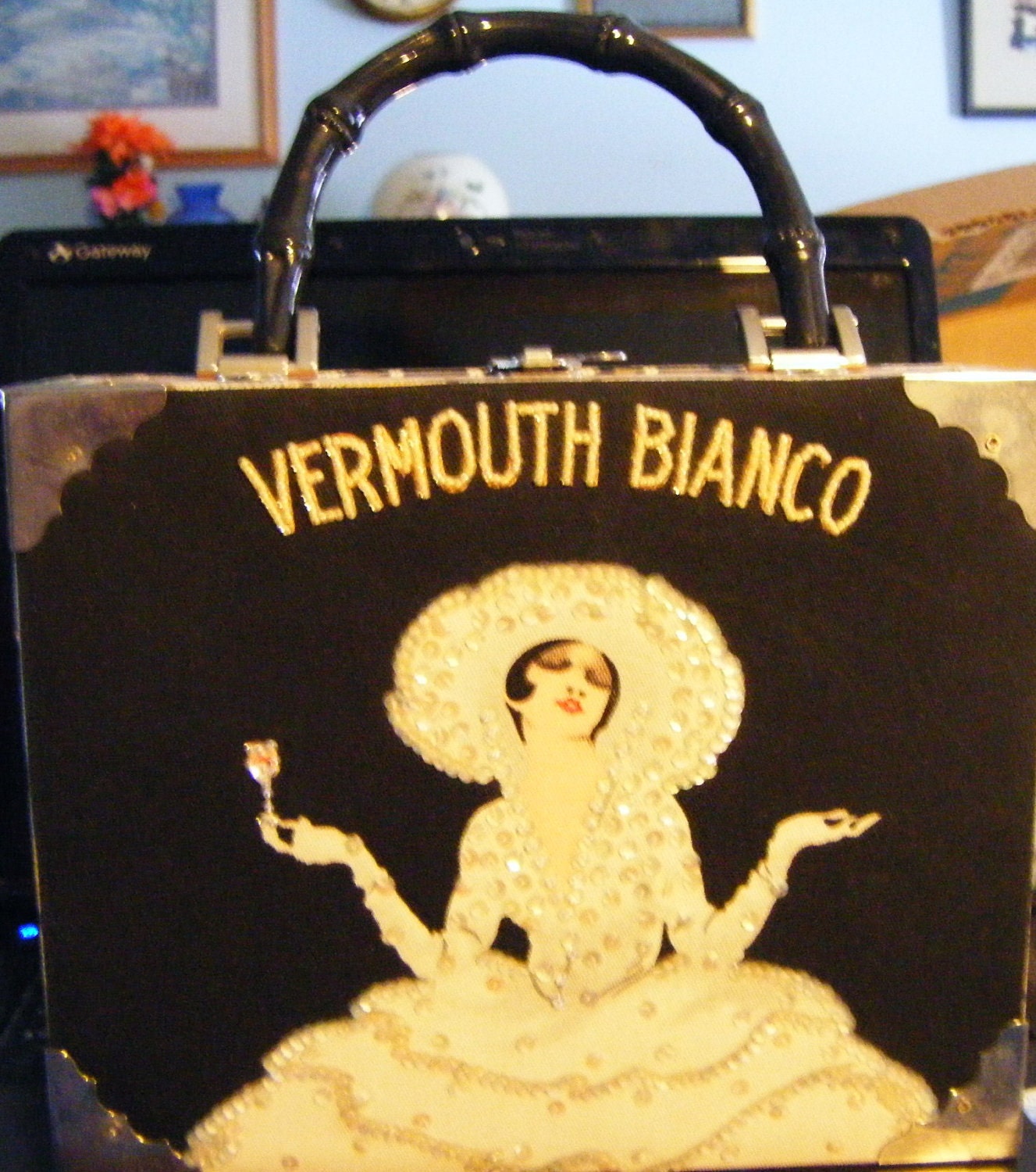 Vintage Cigar Box Handbag/Purse with Silver Corners and Vermouth Bianco Design