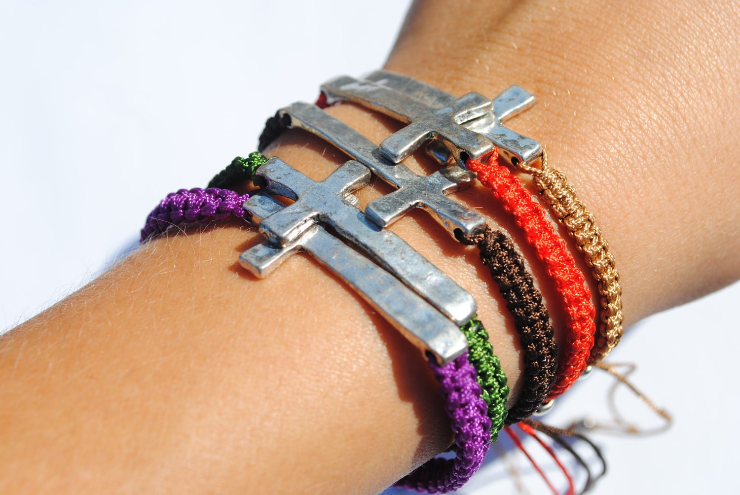 Friendship Bracelet with Cross Charm. Silver plated, Woven in Olive Green and Tan Macrame