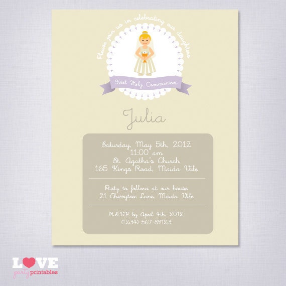 Personalized First Holy Communion Printable Invitation - Blonde Little Girl