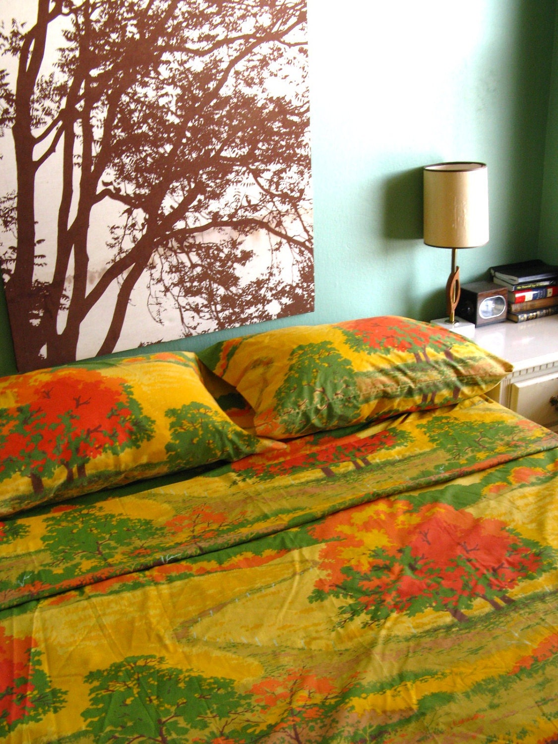 Vintage Full Sheet Set Retro 70's Pattern Flat Sheet Fitted Sheet Pillowcases