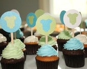 Baby Shower Cupcake Toppers: Onesies, Blue, Green, White