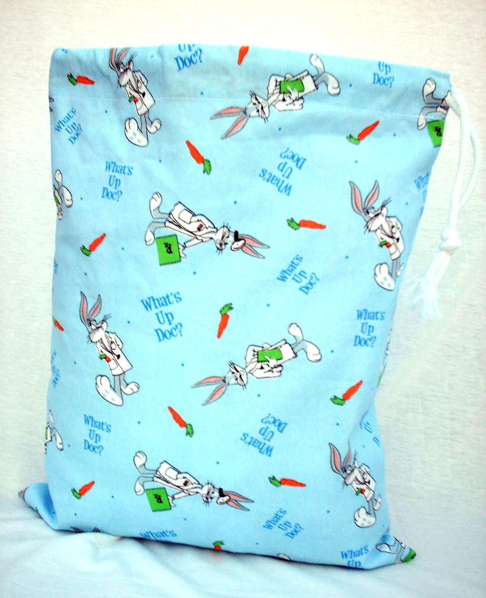 Kids Pajama Bag, Cute Cloth Drawstring Bag, Blue with Bugs Bunny