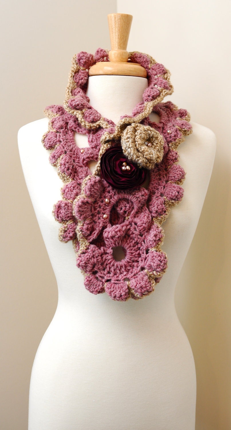 Scarf - Sweet Pea Scarf - Shabby Chic Cowl - Romantic Plum Wrap - Rustic Garden - Satin Flowers - Beading - Lovely - Sweet - OOAK