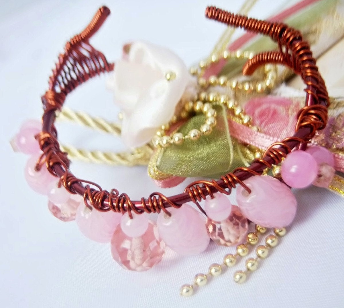 Copper in Pink Beaded Cuff Bracelet Set