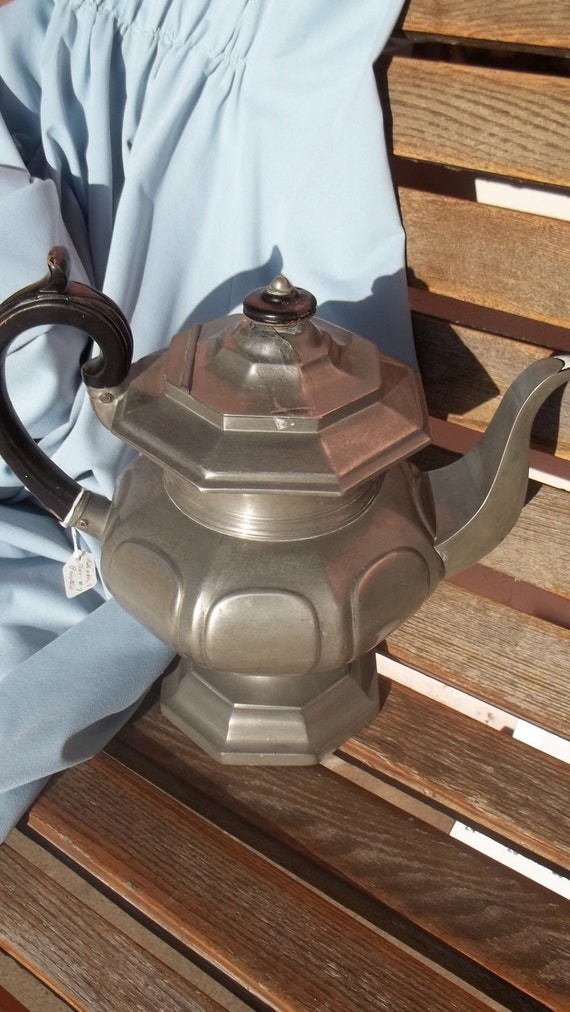 Antique Pewter with Wood Handle Tea/Coffee Pot by mariehuddleston