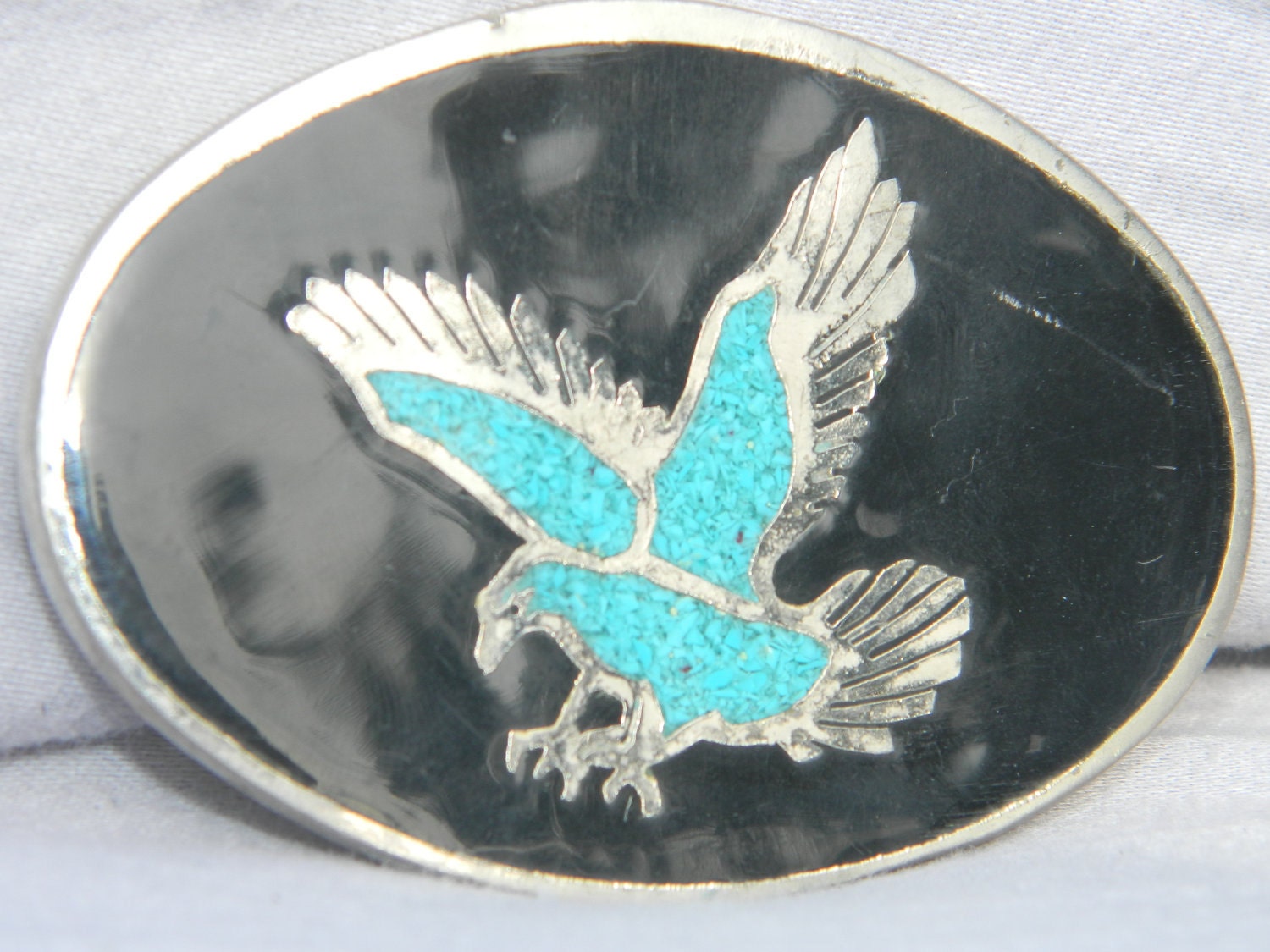 Crushed Turquoise Eagle Belt Buckle with Black Enamel Fathers Day