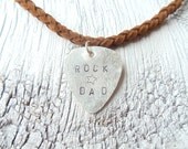 rock star dad vegan leather braided necklace with hand stamped silver guitar pick pendant