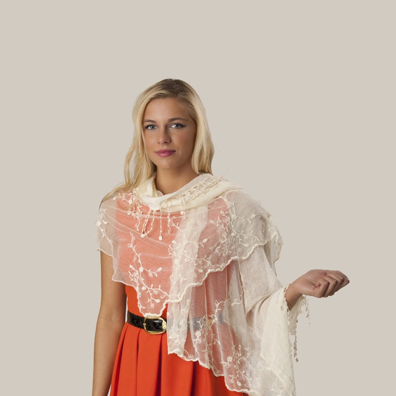 White embroidered lace and linen tassel scarf