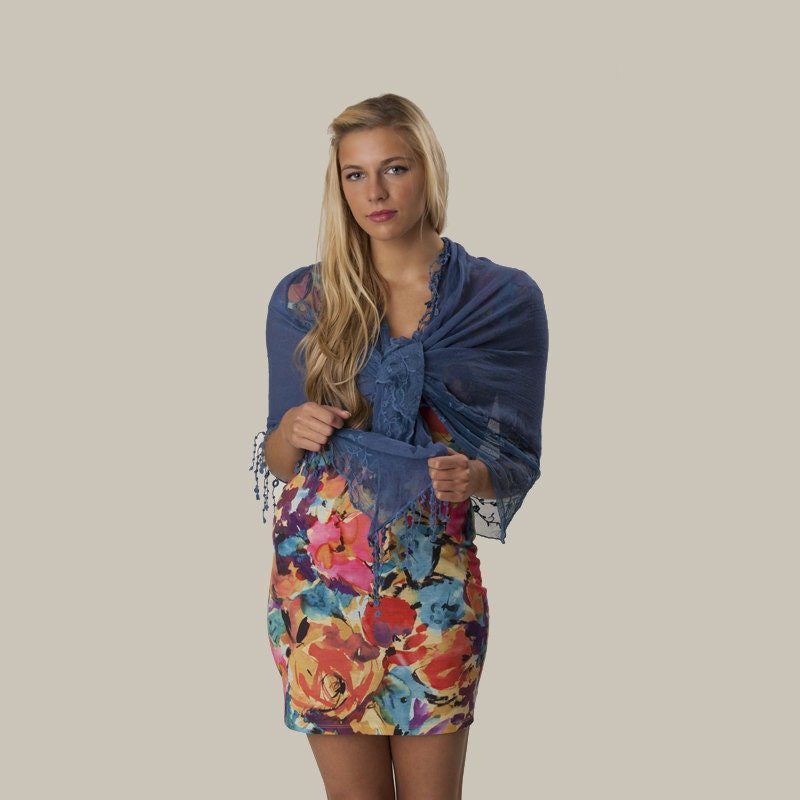 Blue embroidered lace and linen tassel scarf