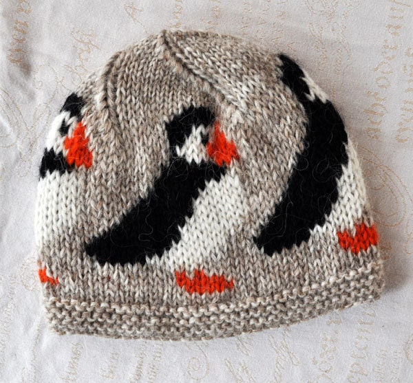 Beige handknitted unisex puffin, woolen hat/ cap made out of 100% pure Icelandic lambs wool, ready to ship