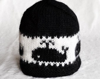 Black and white handknitted unisex whale, woolen hat/cap made out of 100% pure Icelandic lambs wool, ready to ship