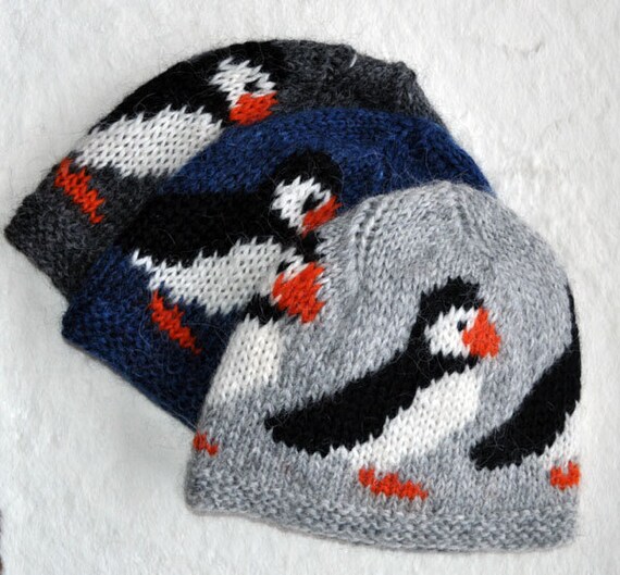 Blue handknitted unisex puffin, woolen hat/cap made out of 100% pure Icelandic lambs wool, ready to ship