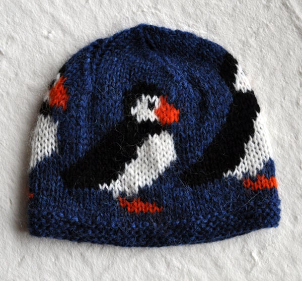 Blue handknitted unisex puffin, woolen hat/cap made out of 100% pure Icelandic lambs wool, ready to ship
