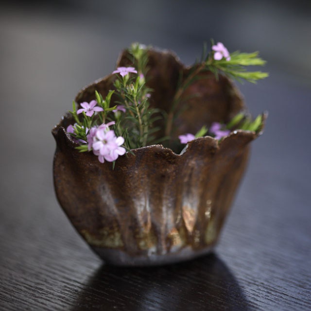Wee brown pinch pot bud vase inspried by shells.