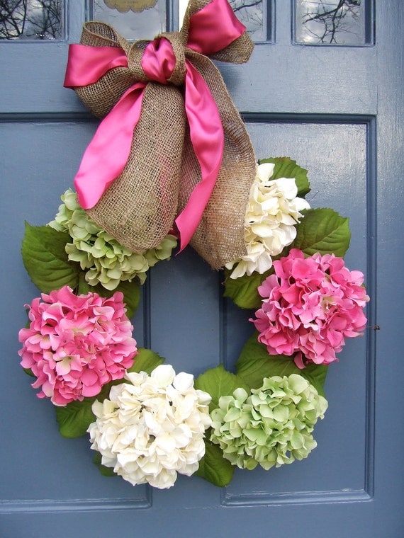 Pink Green and White Hydrangea Spring Wreath with Burlap and Satin Ribbon