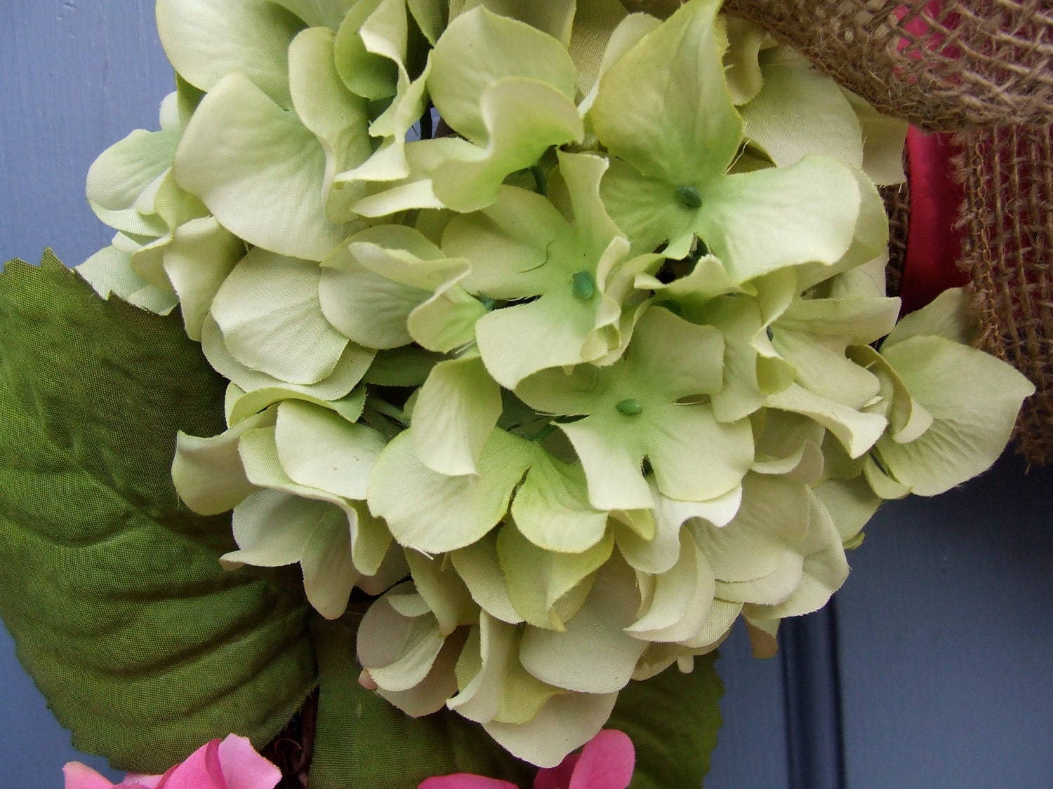 Pink Green and White Hydrangea Spring Wreath with Burlap and Satin Ribbon