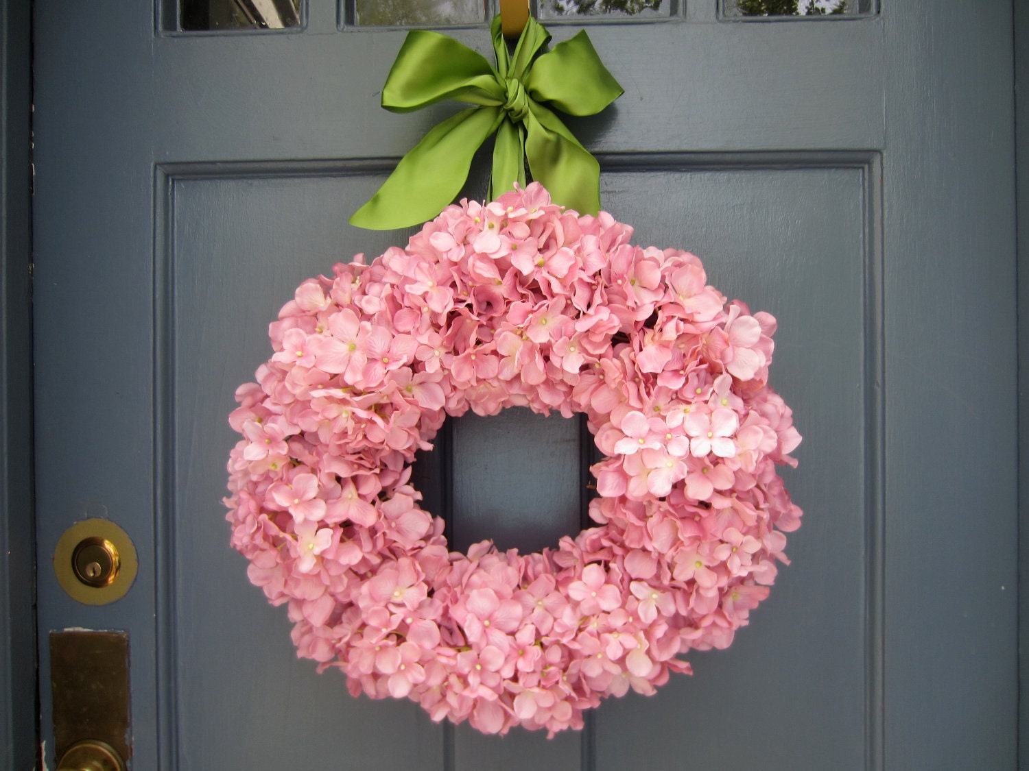 Light Pink Hydrangea Wreath with Sage Green Ribbon