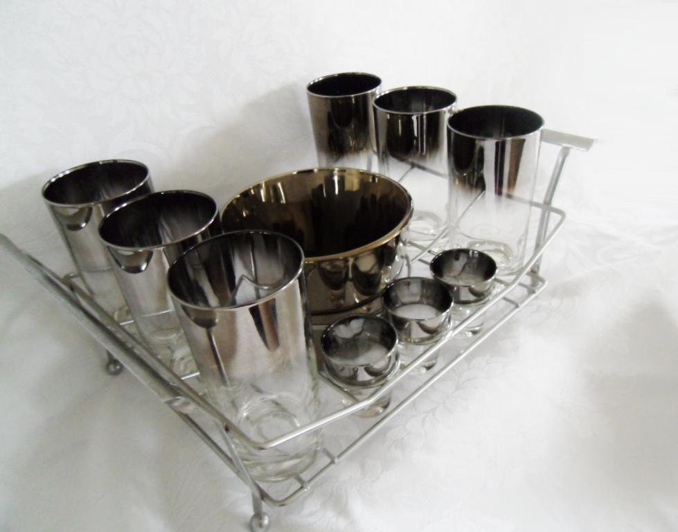 Cocktail Set. Mid Century Modern Silver Ombre 14 Pieces. Ice Bucket, 6 Tumblers, 6 Shot Glasses and Chrome Caddy. Queens Lusterware.