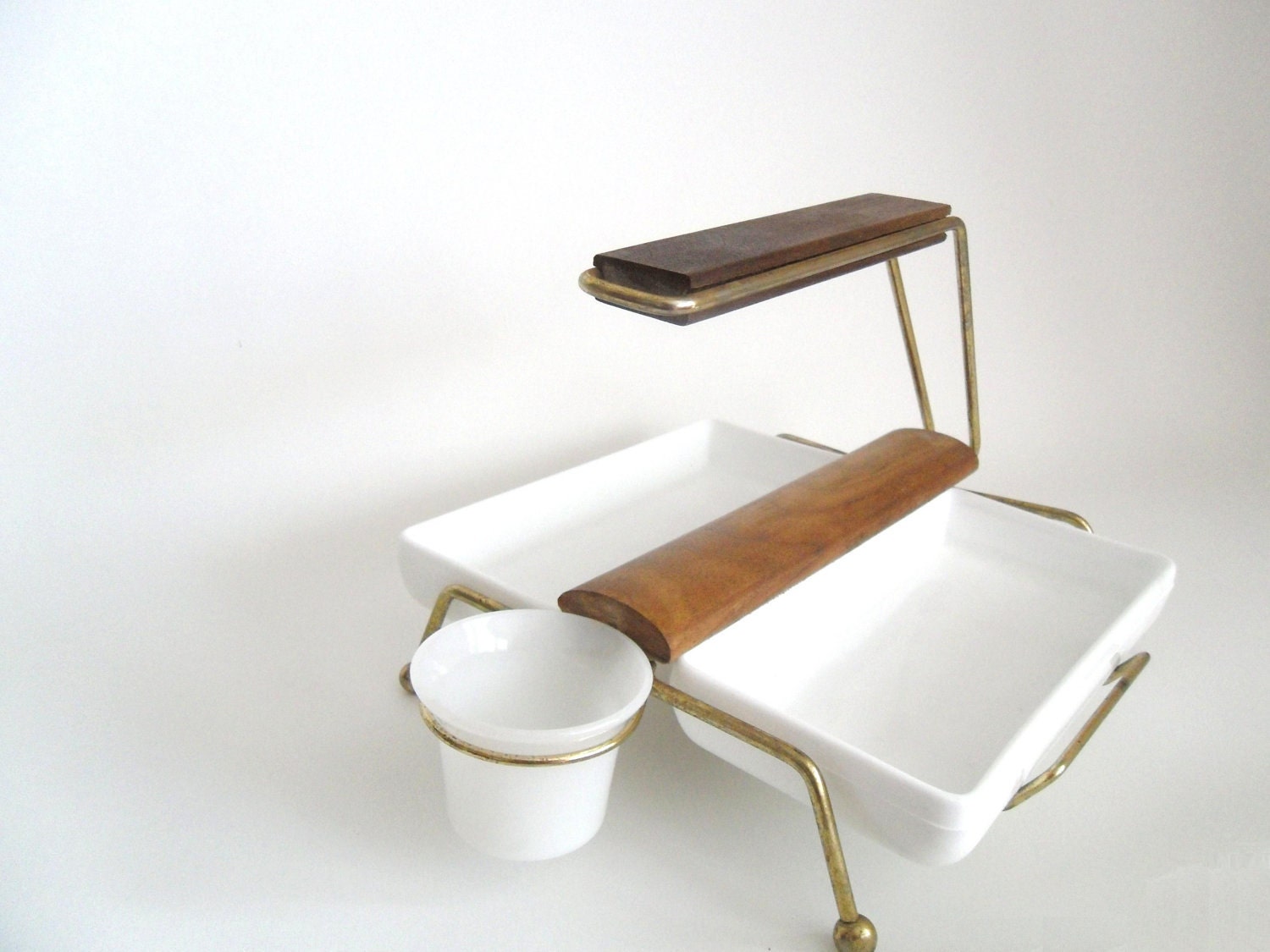 Retro Hors D'Oeuvres Server. Atomic Modern Styling. 1960's. 4 Pieces. Milk Glass. Fire King. Gold-toned Steel and Wood