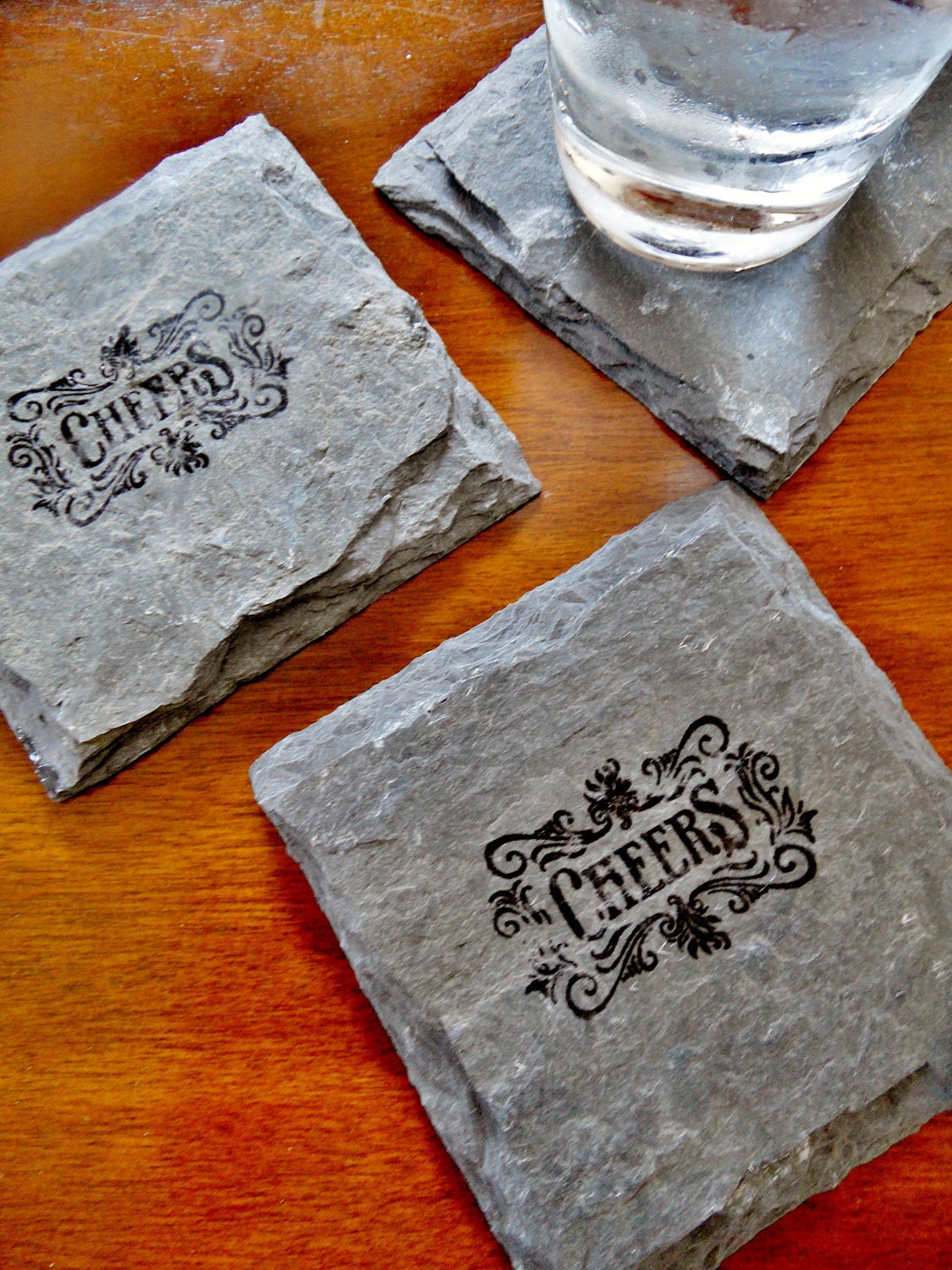 Cheers Square Slate Coasters (Set of 4) Party, Man Cave, Wedding, Engagement, Housewarming, Celebration