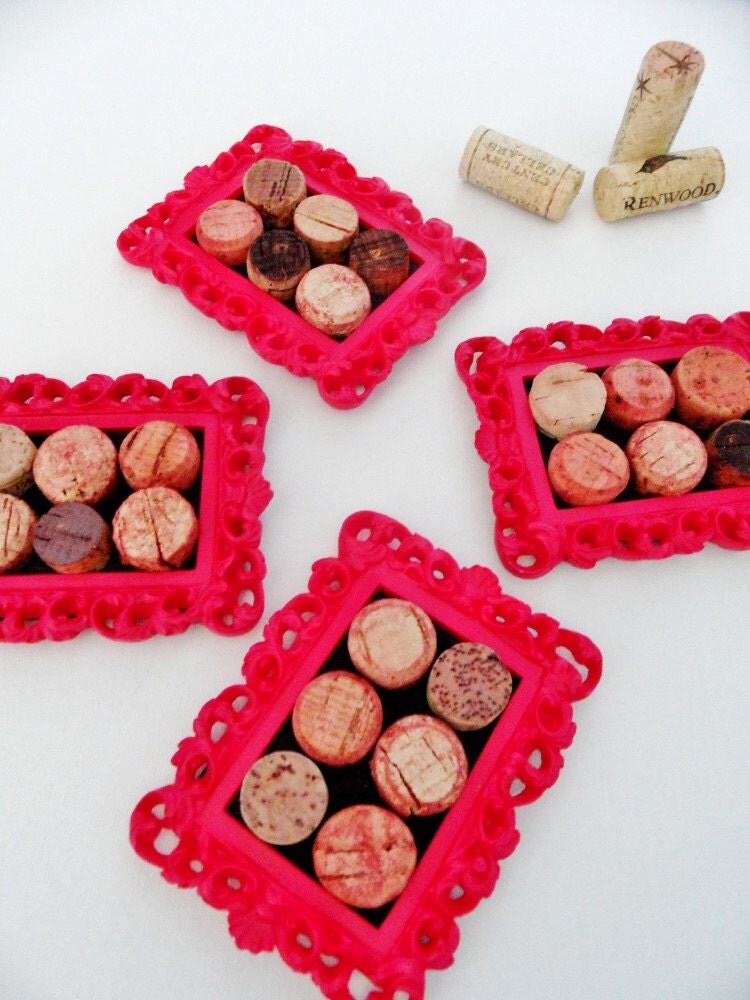 4 Bright Pink Cork Coasters (Set of Four)