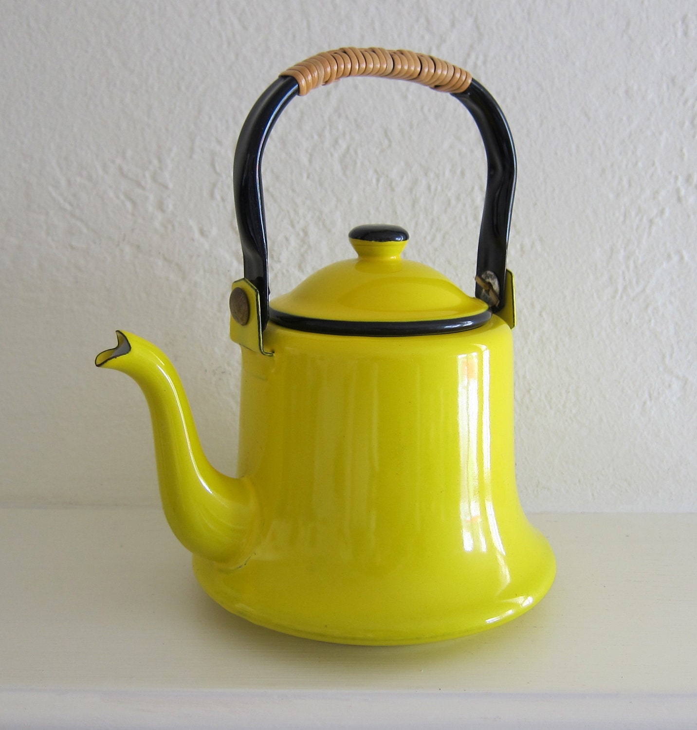 Sunny Yellow Vintage Enamel Tea Kettle Rattan by VestalVintage