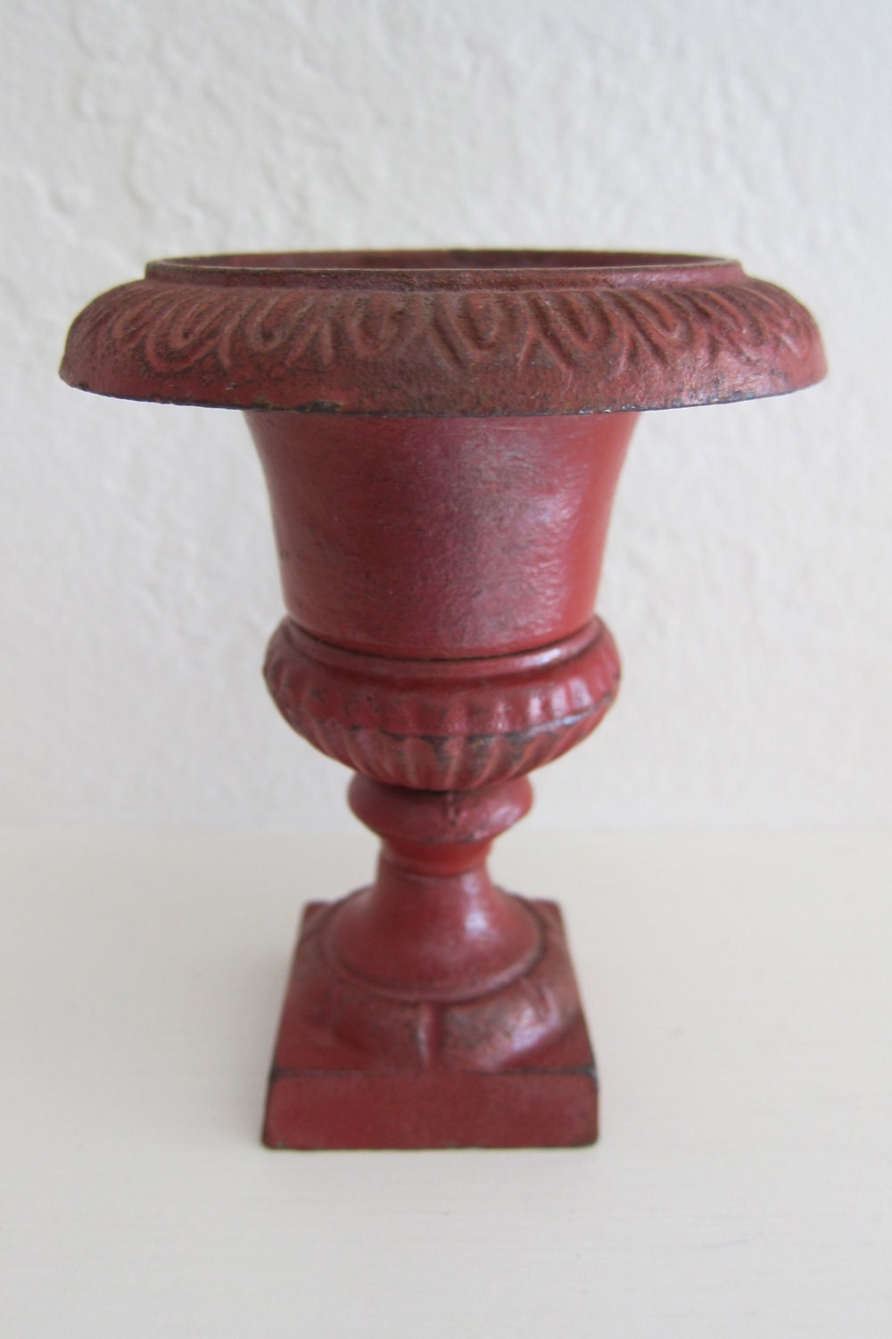Old Miniature Garden Urn Planter Cast Iron Original Red Paint
