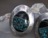 Inlaid Turquoise, Onyx and Sterling Geometric Antique, Vintage Post Earrings