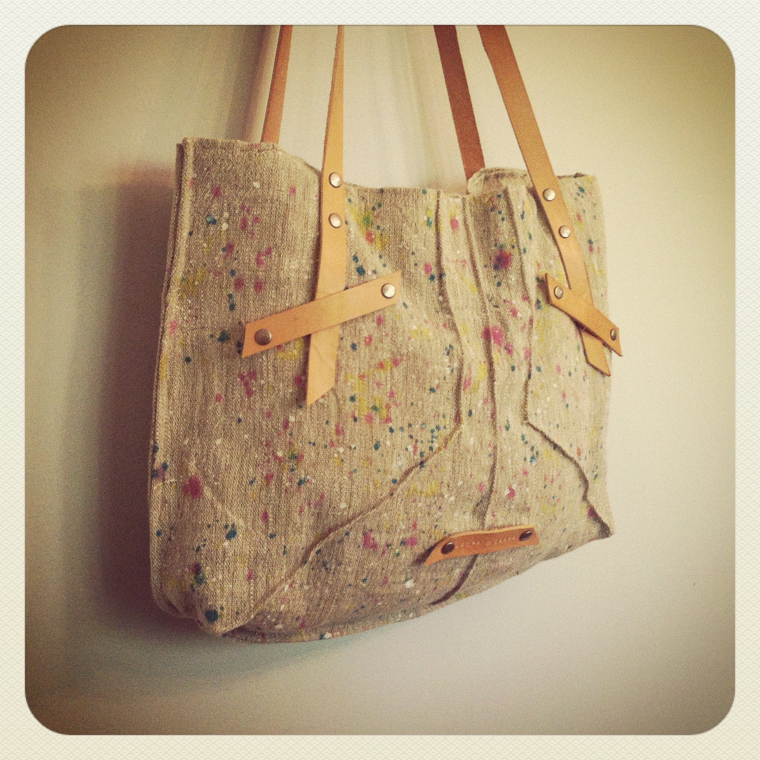 hand painted european organic linen tote // vegetable tanned leather // beeswax // nickel hardware