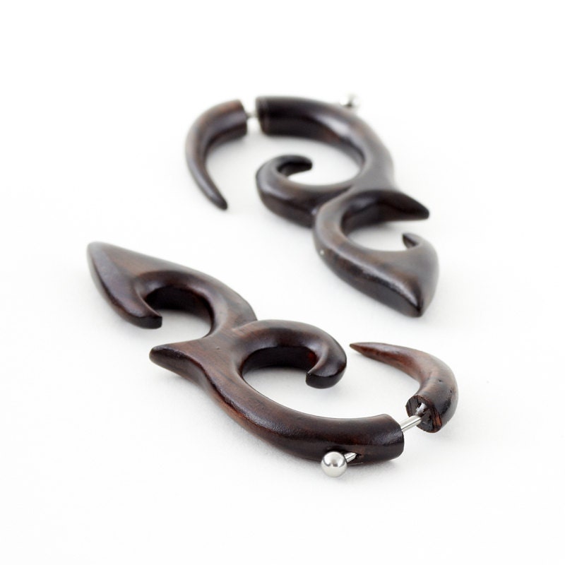 Fake Gauge Earrings - Wood Earrings Fake Piercing - Wood Spiral Earrings "Dayak Shields"
