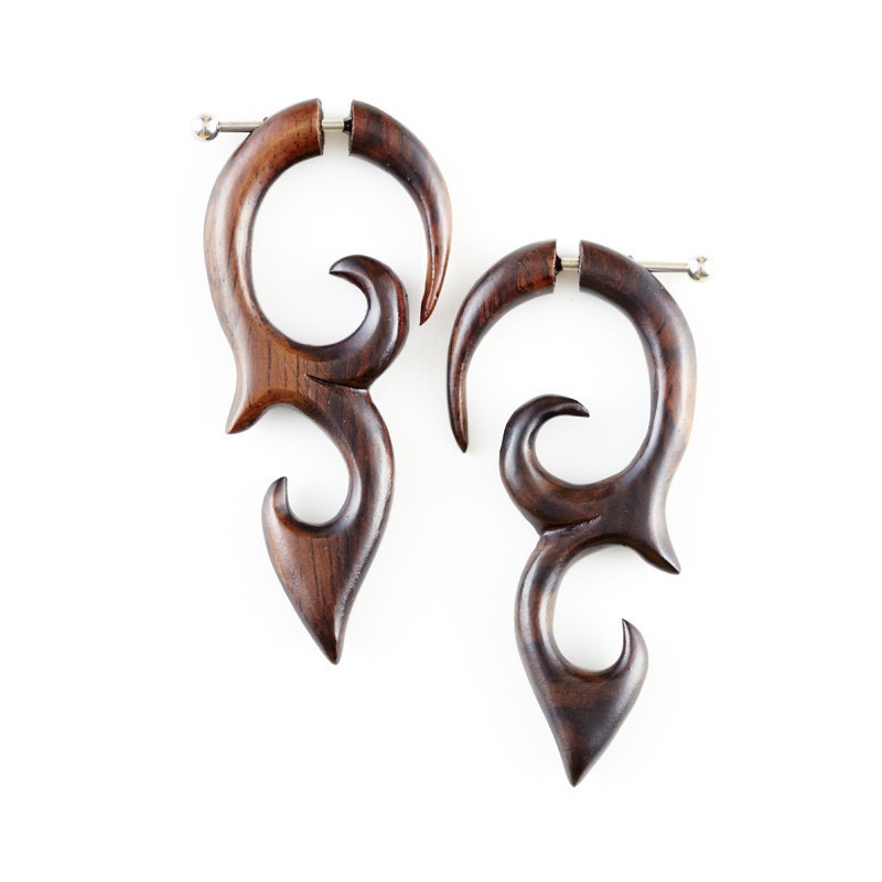 Fake Gauge Earrings - Wood Earrings Fake Piercing - Wood Spiral Earrings "Dayak Shields"