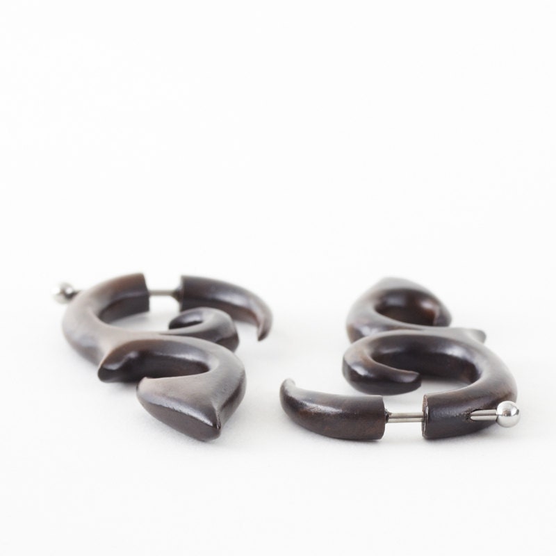 Fake Gauge Earrings - Wood Earrings Fake Piercing - Wood Spiral Earrings "Dayak Shields"