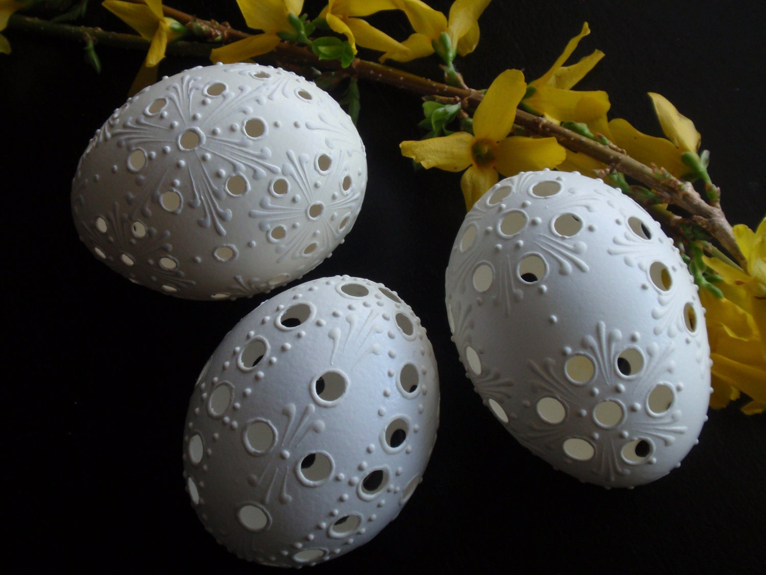 Set of 3 Large Traditional Slavic Carved and Wax Embossed Chicken Eggs, Pysanky in White