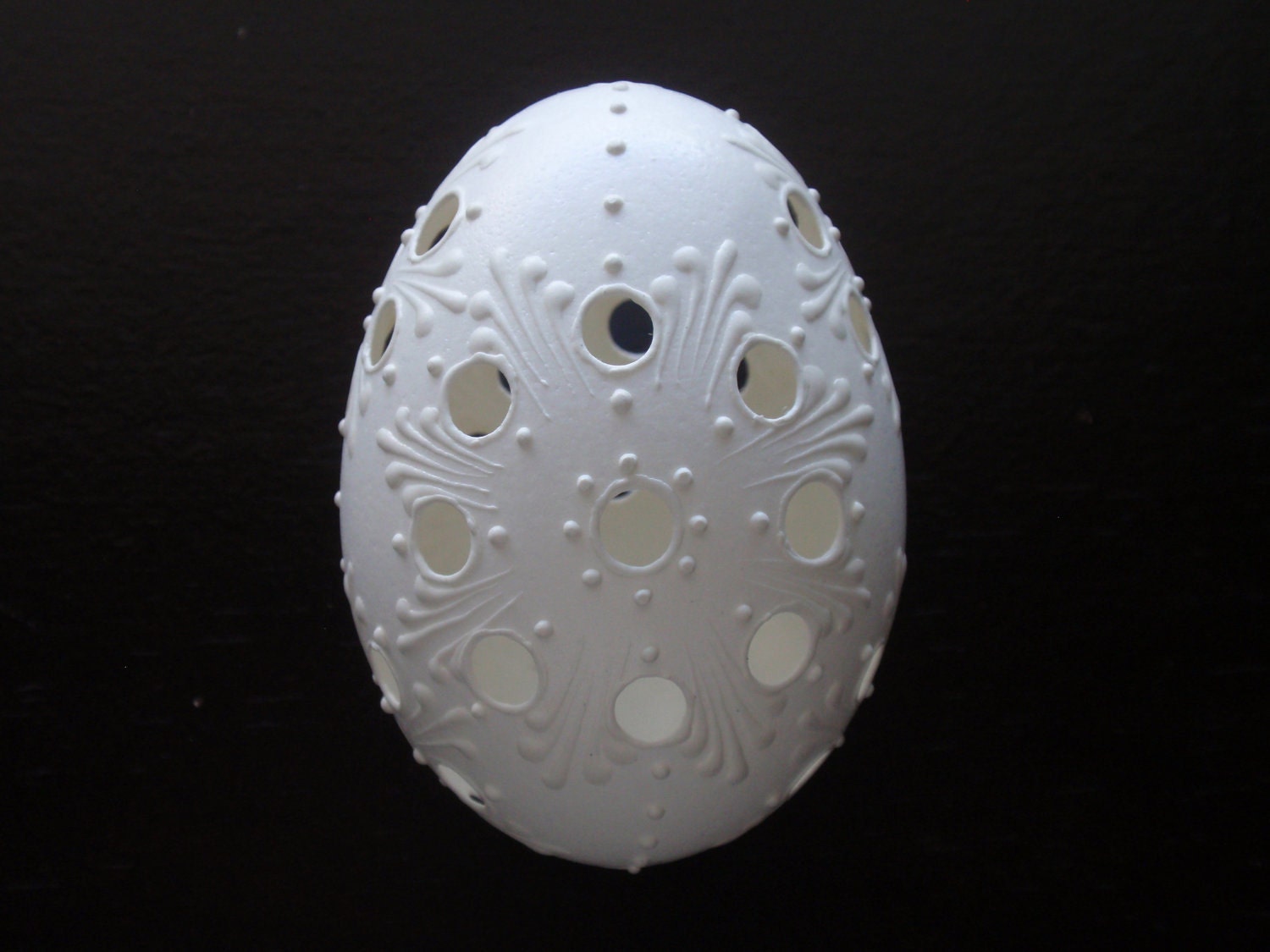 Set of 3 Large Traditional Slavic Carved and Wax Embossed Chicken Eggs, Pysanky in White