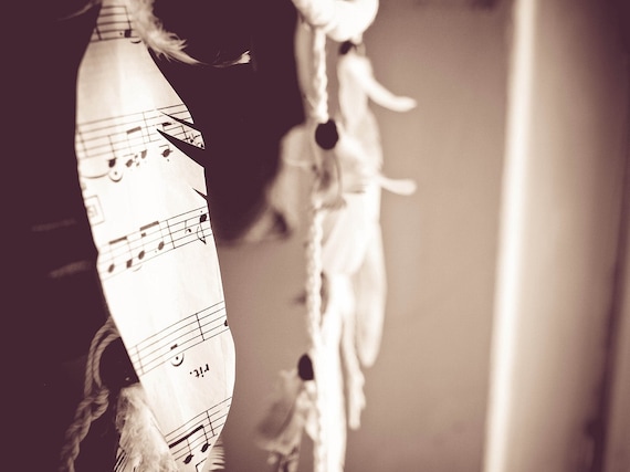 Dream Catcher - Lullaby - With Scores Decoupaged Pigeon Feathers and White Nett - Home Decor, Mobile